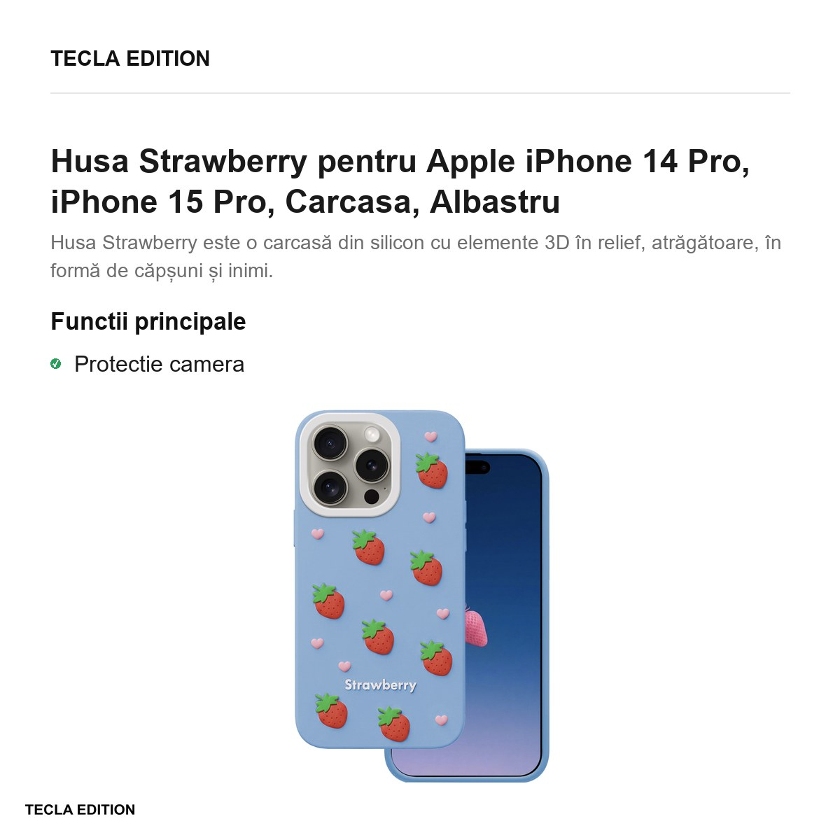 Husa Strawberry pentru Apple iPhone 14 Pro, iPhone 15 Pro, Carcasa, Albastru [2]