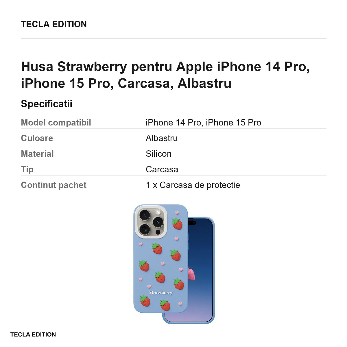 Husa Strawberry pentru Apple iPhone 14 Pro, iPhone 15 Pro, Carcasa, Albastru [3]