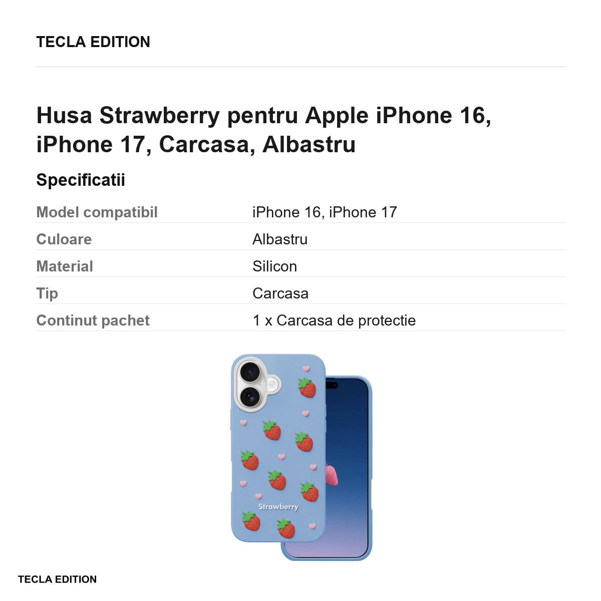 Husa Strawberry pentru Apple iPhone 16, iPhone 17, Carcasa, Albastru [3]