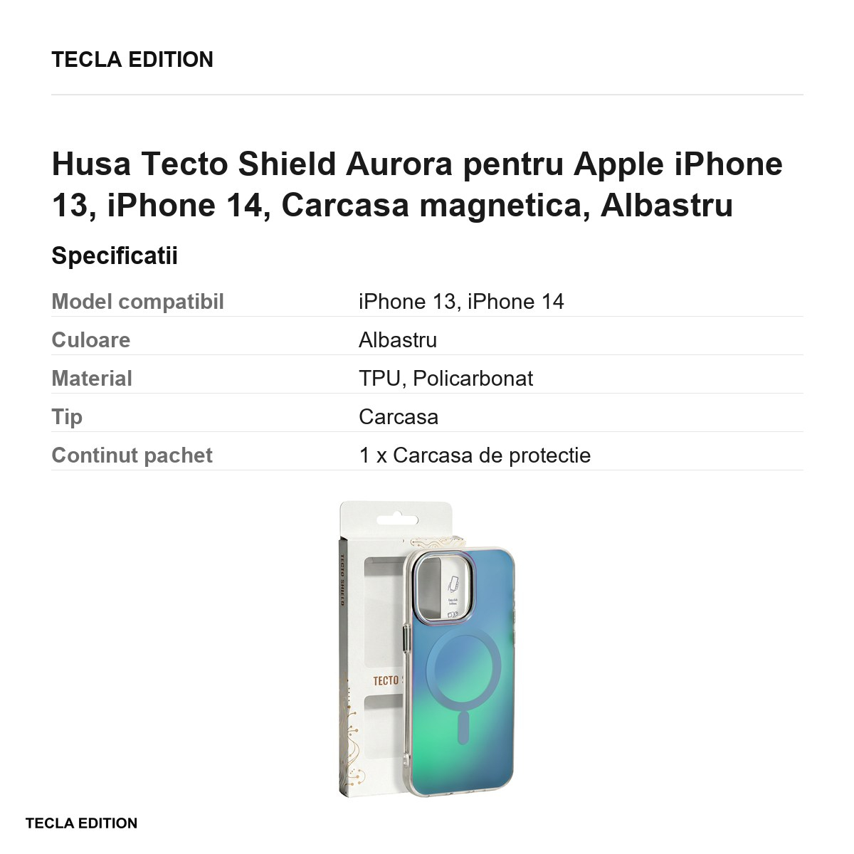 Husa Tecto Shield Aurora pentru Apple iPhone 13, iPhone 14, Carcasa magnetica, Albastru [3]