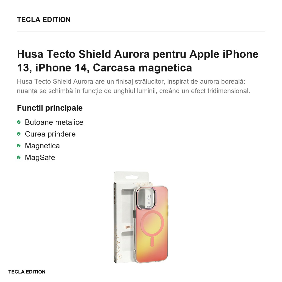 Husa Tecto Shield Aurora pentru Apple iPhone 13, iPhone 14, Carcasa magnetica, Roz [2]