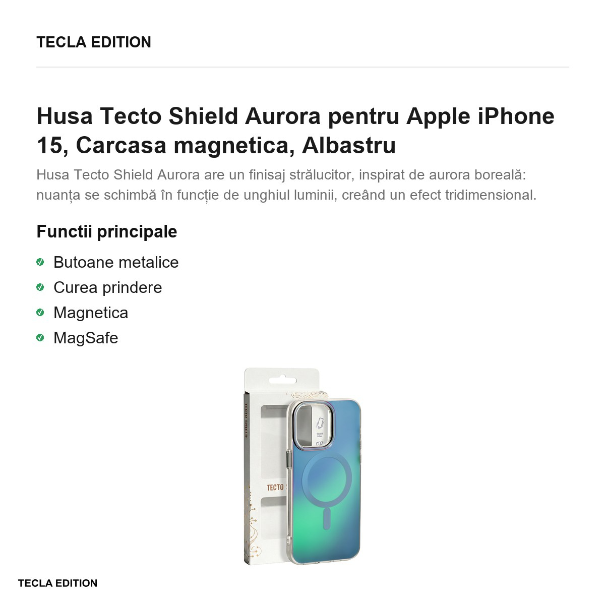Husa Tecto Shield Aurora pentru Apple iPhone 15, Carcasa magnetica, Albastru [2]