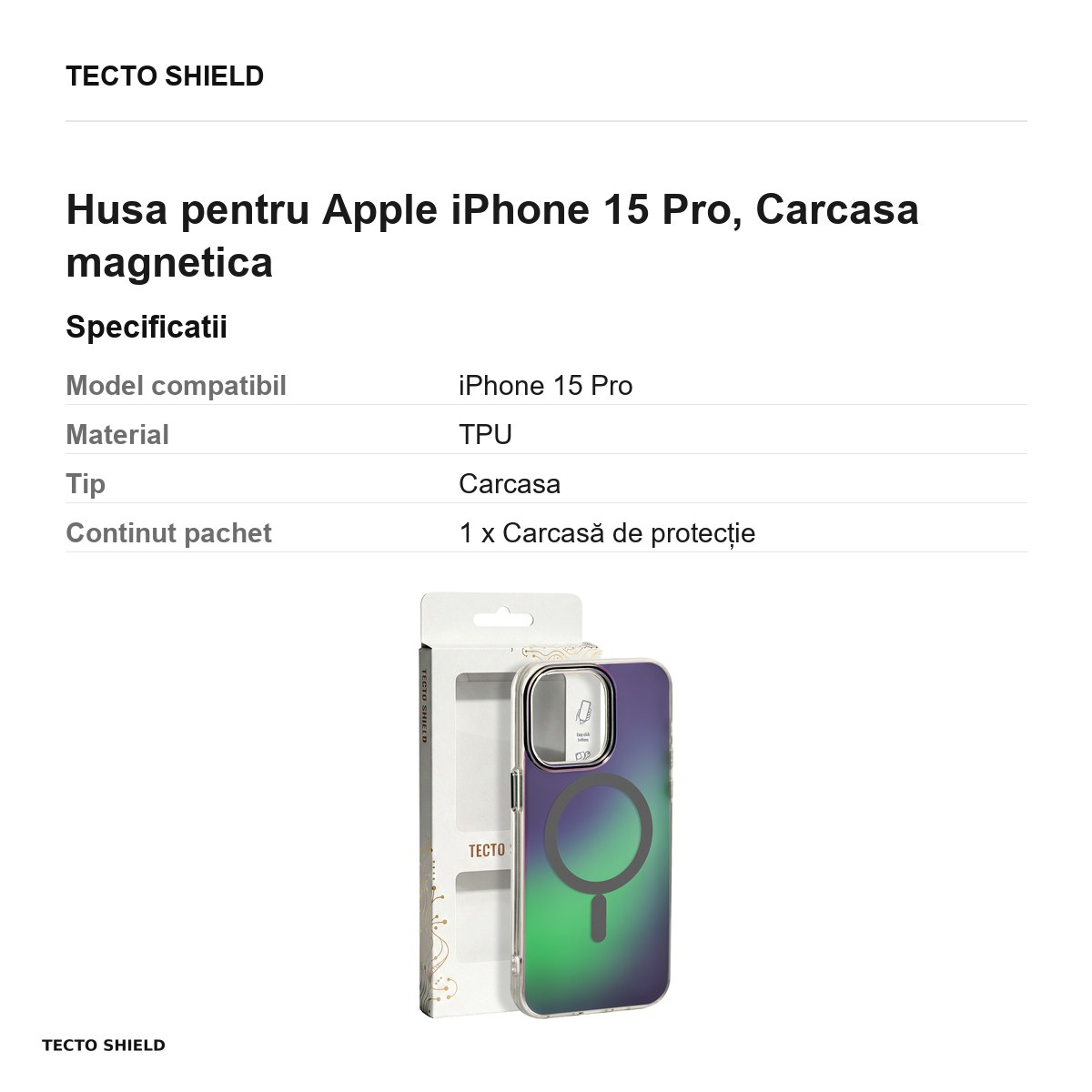 Husa Tecto Shield Aurora pentru Apple iPhone 15 Pro, Carcasa magnetica, Gri [6]