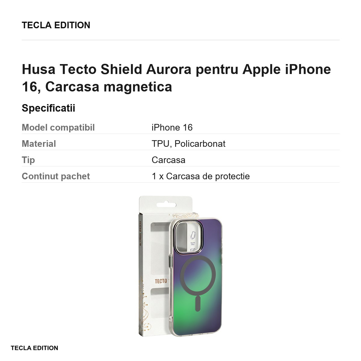 Husa Tecto Shield Aurora pentru Apple iPhone 16, Carcasa magnetica, Gri [3]