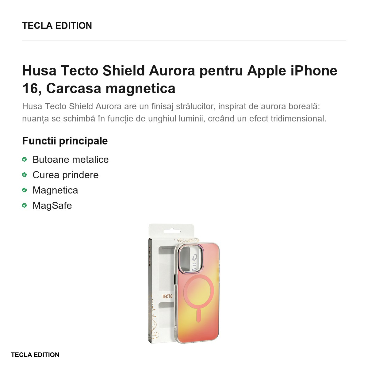 Husa Tecto Shield Aurora pentru Apple iPhone 16, Carcasa magnetica, Roz [2]