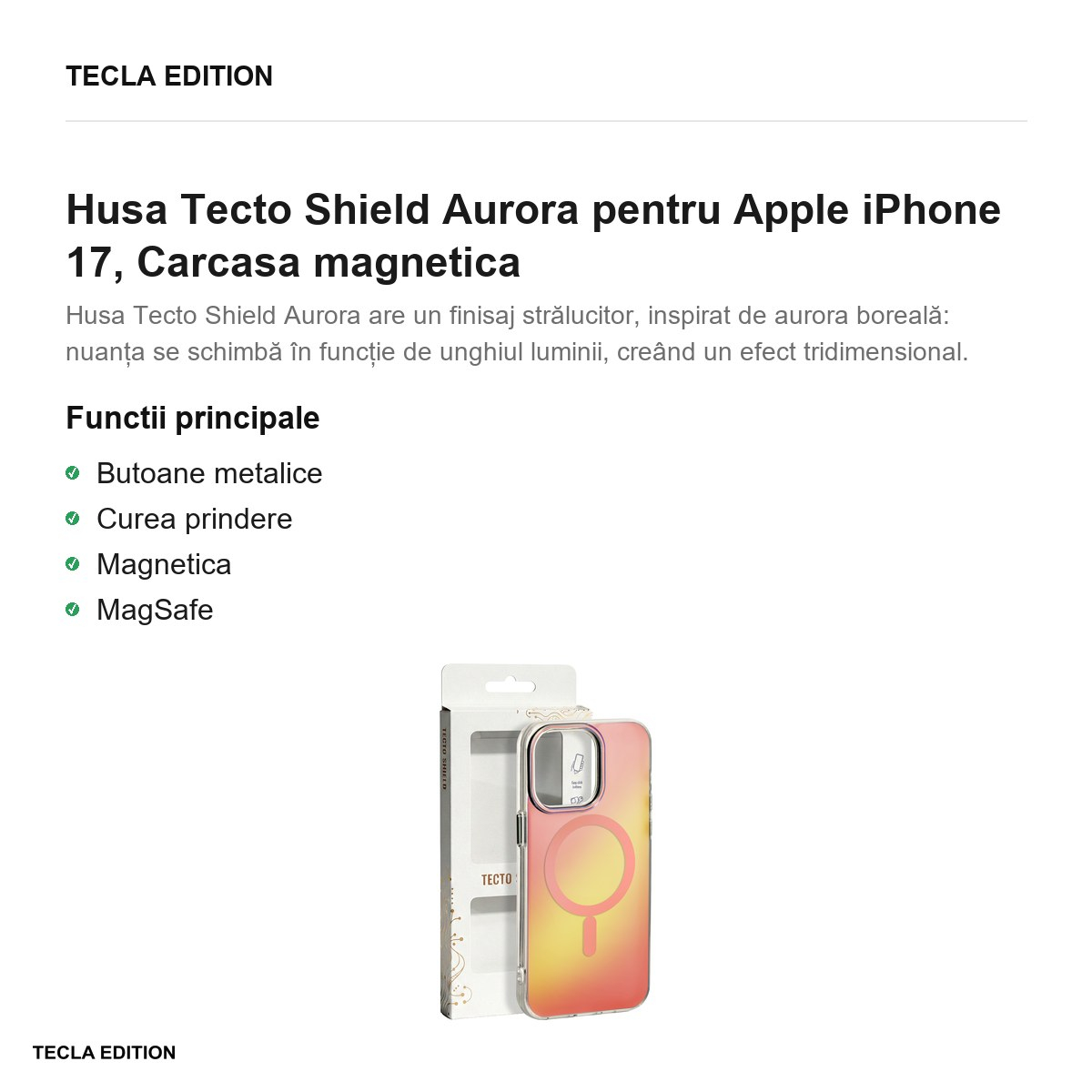 Husa Tecto Shield Aurora pentru Apple iPhone 17, Carcasa magnetica, Roz [2]