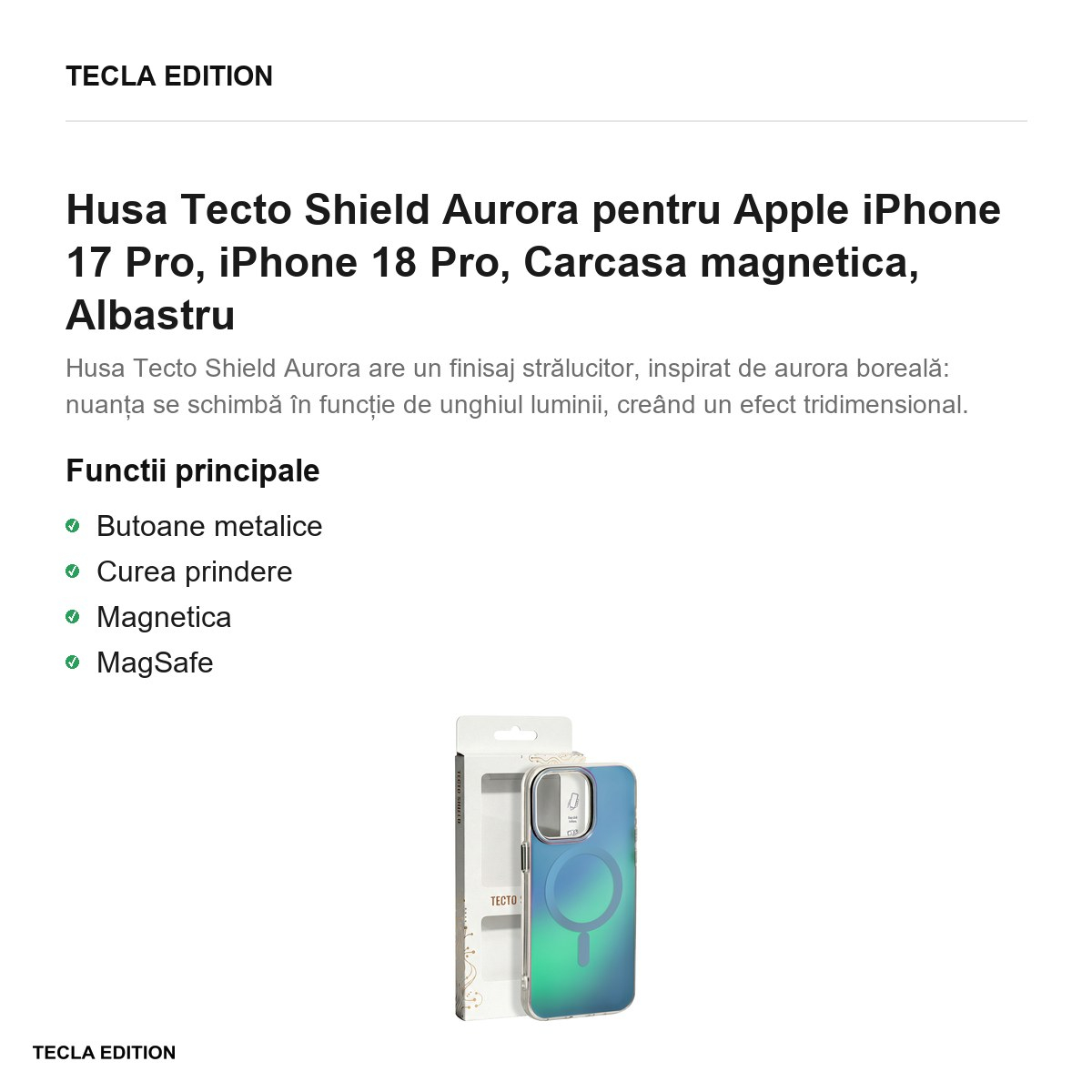 Husa Tecto Shield Aurora pentru Apple iPhone 17 Pro, iPhone 18 Pro, Carcasa magnetica, Albastru [2]