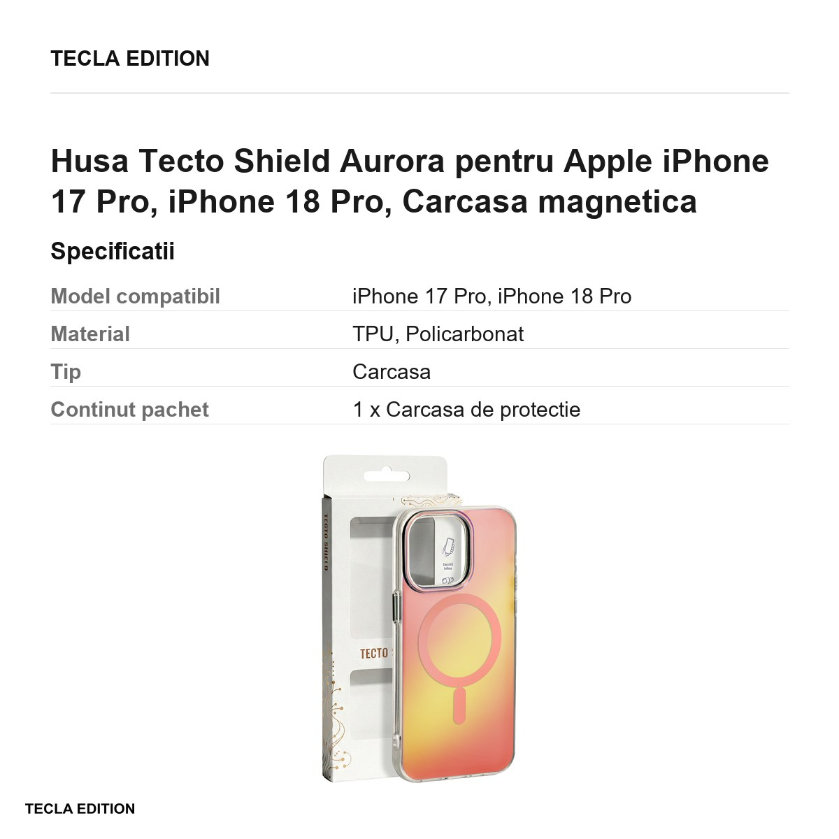 Husa Tecto Shield Aurora pentru Apple iPhone 17 Pro, iPhone 18 Pro, Carcasa magnetica, Roz [3]