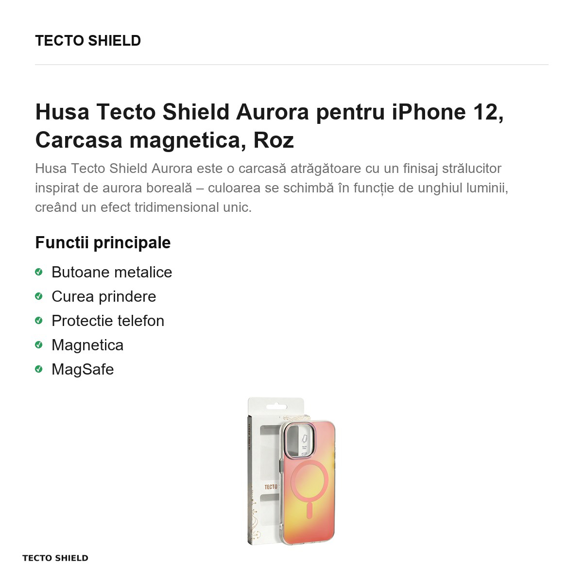 Husa Tecto Shield Aurora pentru iPhone 12, Carcasa magnetica, Roz [2]