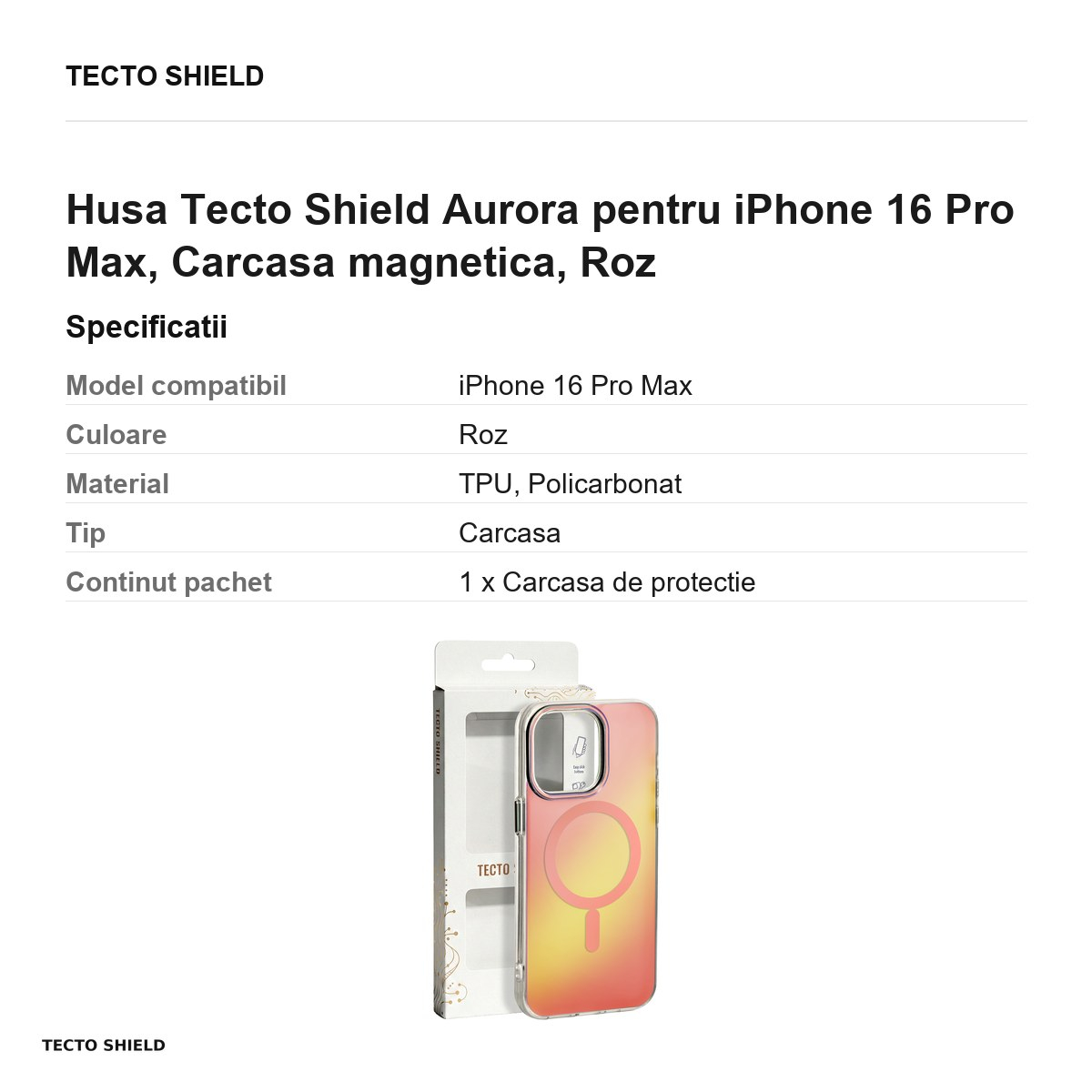 Husa Tecto Shield Aurora pentru iPhone 16 Pro Max, Carcasa magnetica, Roz [3]