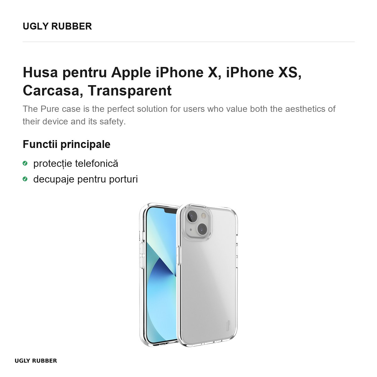 Husa Ugly Rubber Pure pentru Apple iPhone X, iPhone XS, Carcasa, Transparent [2]