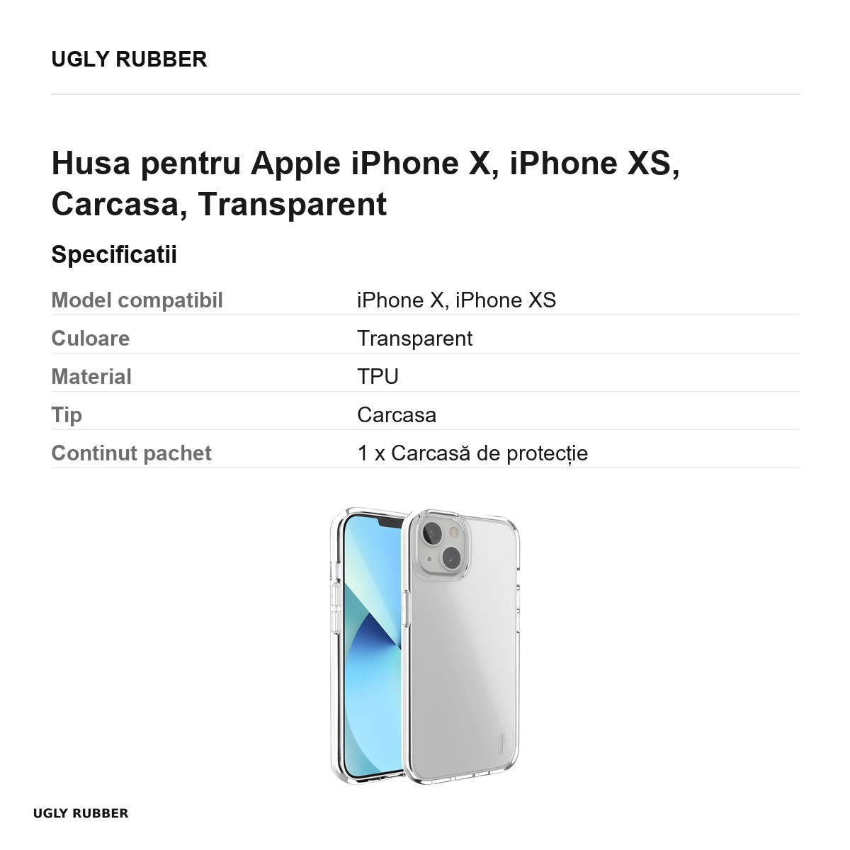 Husa Ugly Rubber Pure pentru Apple iPhone X, iPhone XS, Carcasa, Transparent [3]