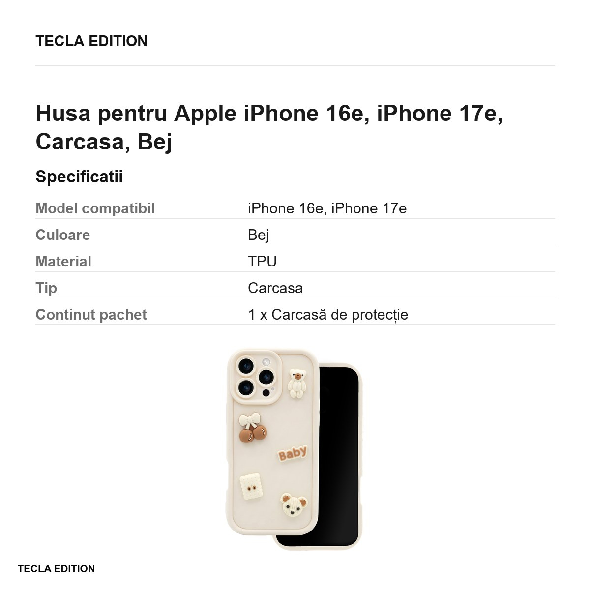 Husa Ultra Trendy 3D bear pentru Apple iPhone 16e, iPhone 17e, Carcasa, Bej [6]