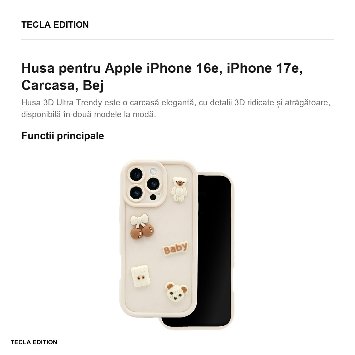 Husa Ultra Trendy 3D bear pentru Apple iPhone 16e, iPhone 17e, Carcasa, Bej [4]
