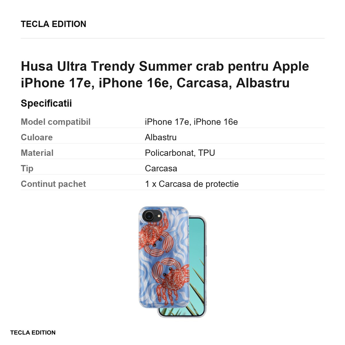 Husa Ultra Trendy Summer crab pentru Apple iPhone 17e, iPhone 16e, Carcasa, Albastru [3]