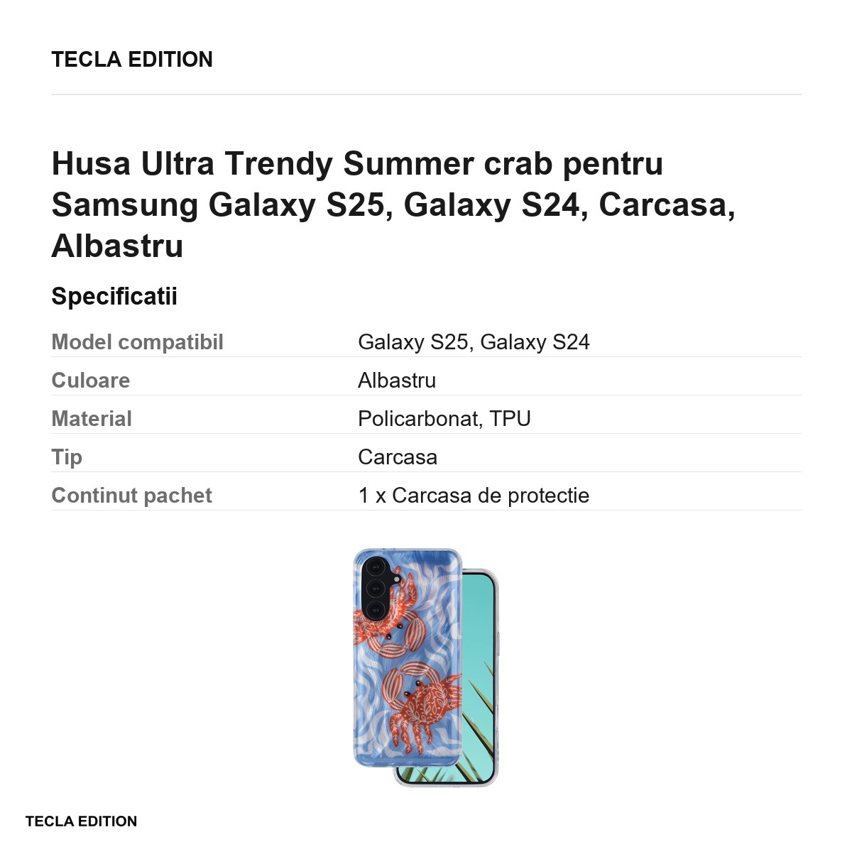 Husa Ultra Trendy Summer crab pentru Samsung Galaxy S25, Galaxy S24, Carcasa, Albastru [3]
