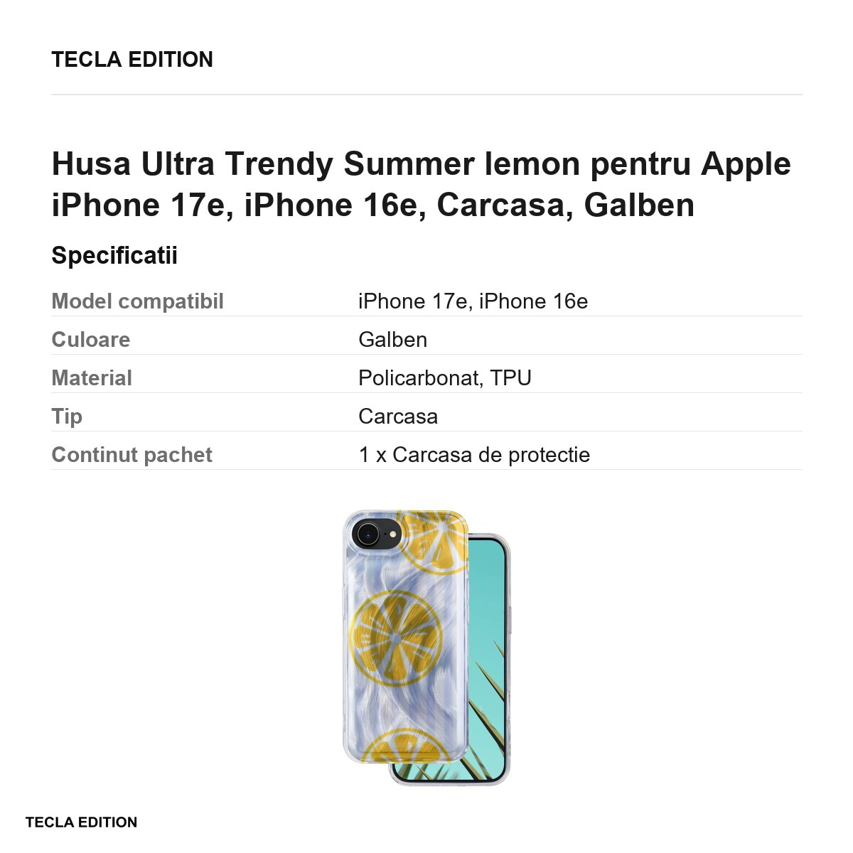 Husa Ultra Trendy Summer lemon pentru Apple iPhone 17e, iPhone 16e, Carcasa, Galben [3]
