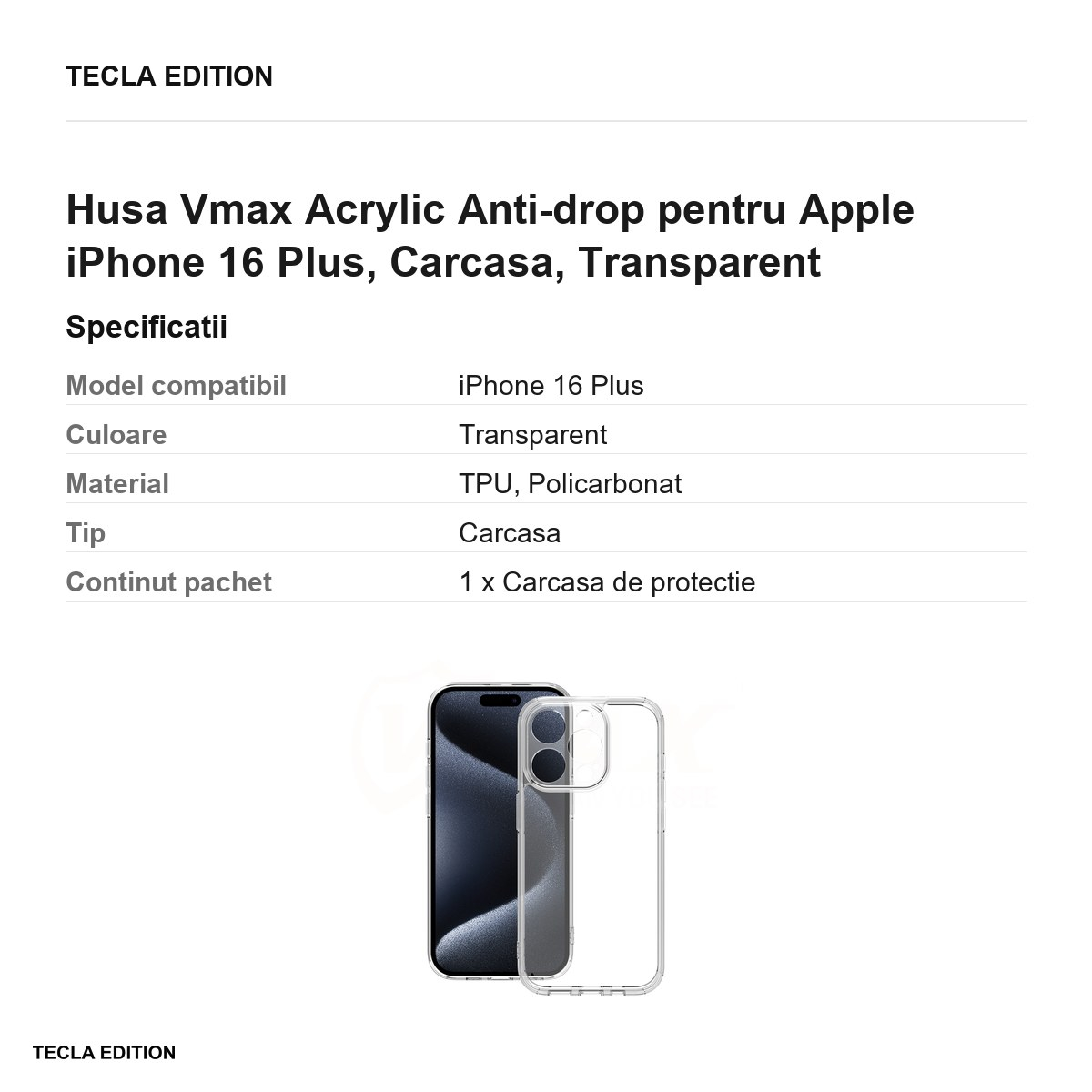 Husa Vmax Acrylic Anti-drop pentru Apple iPhone 16 Plus, Carcasa, Transparent [3]