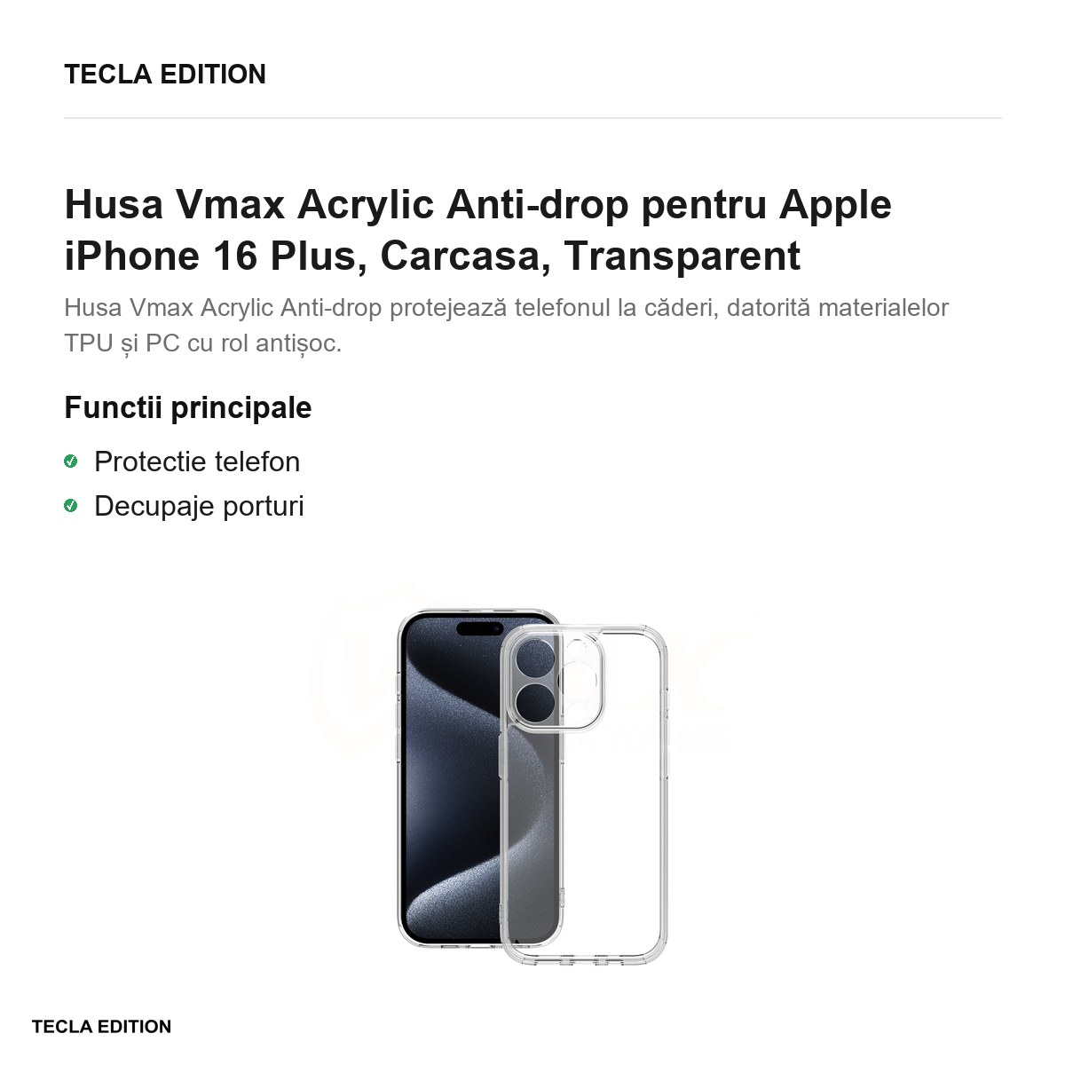 Husa Vmax Acrylic Anti-drop pentru Apple iPhone 16 Plus, Carcasa, Transparent [2]
