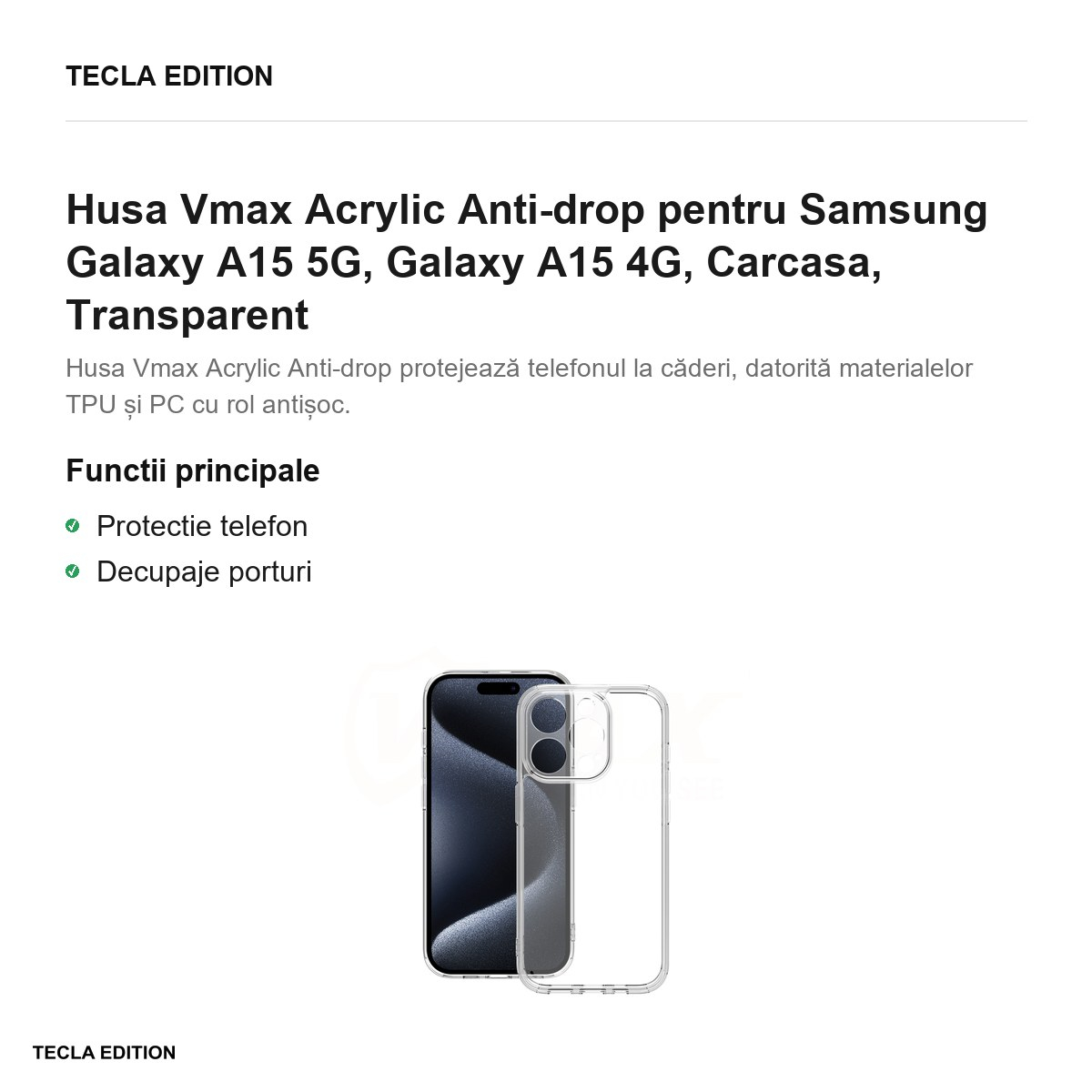 Husa Vmax Acrylic Anti-drop pentru Samsung Galaxy A15 5G, Galaxy A15 4G, Carcasa, Transparent [2]