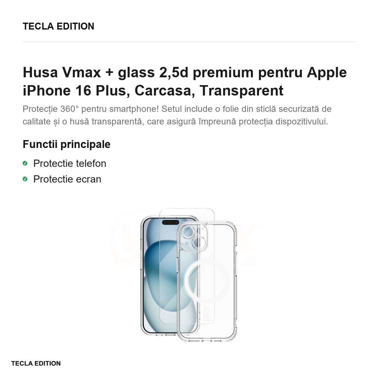 Husa Vmax + glass 2,5d premium pentru Apple iPhone 16 Plus, Carcasa, Transparent [2]