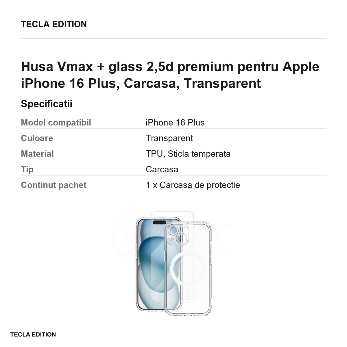 Husa Vmax + glass 2,5d premium pentru Apple iPhone 16 Plus, Carcasa, Transparent [3]