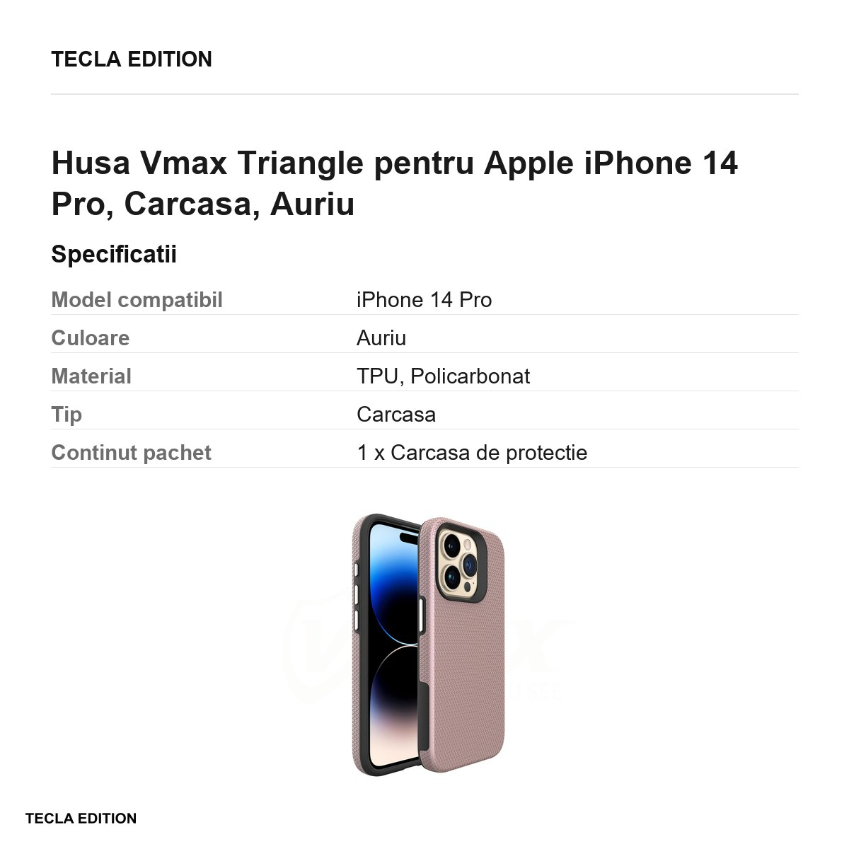 Husa Vmax Triangle pentru Apple iPhone 14 Pro, Carcasa, Rose Gold Metallic [3]