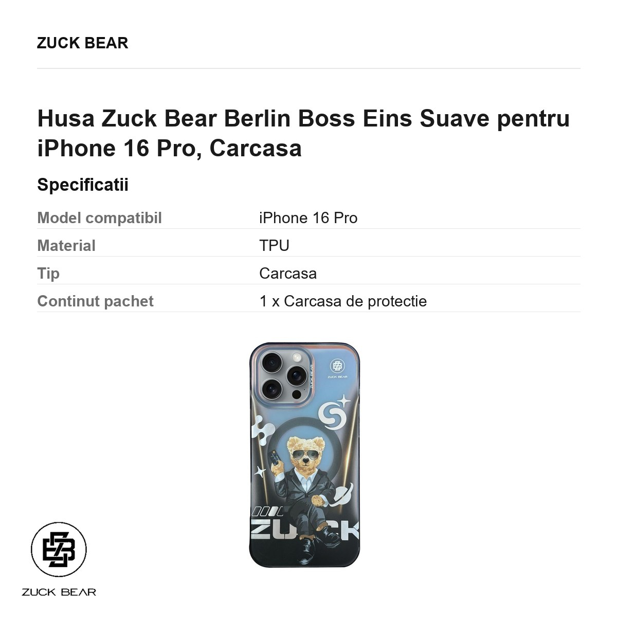Husa Zuck Bear Berlin Boss Eins Suave pentru iPhone 16 Pro, Carcasa [3]