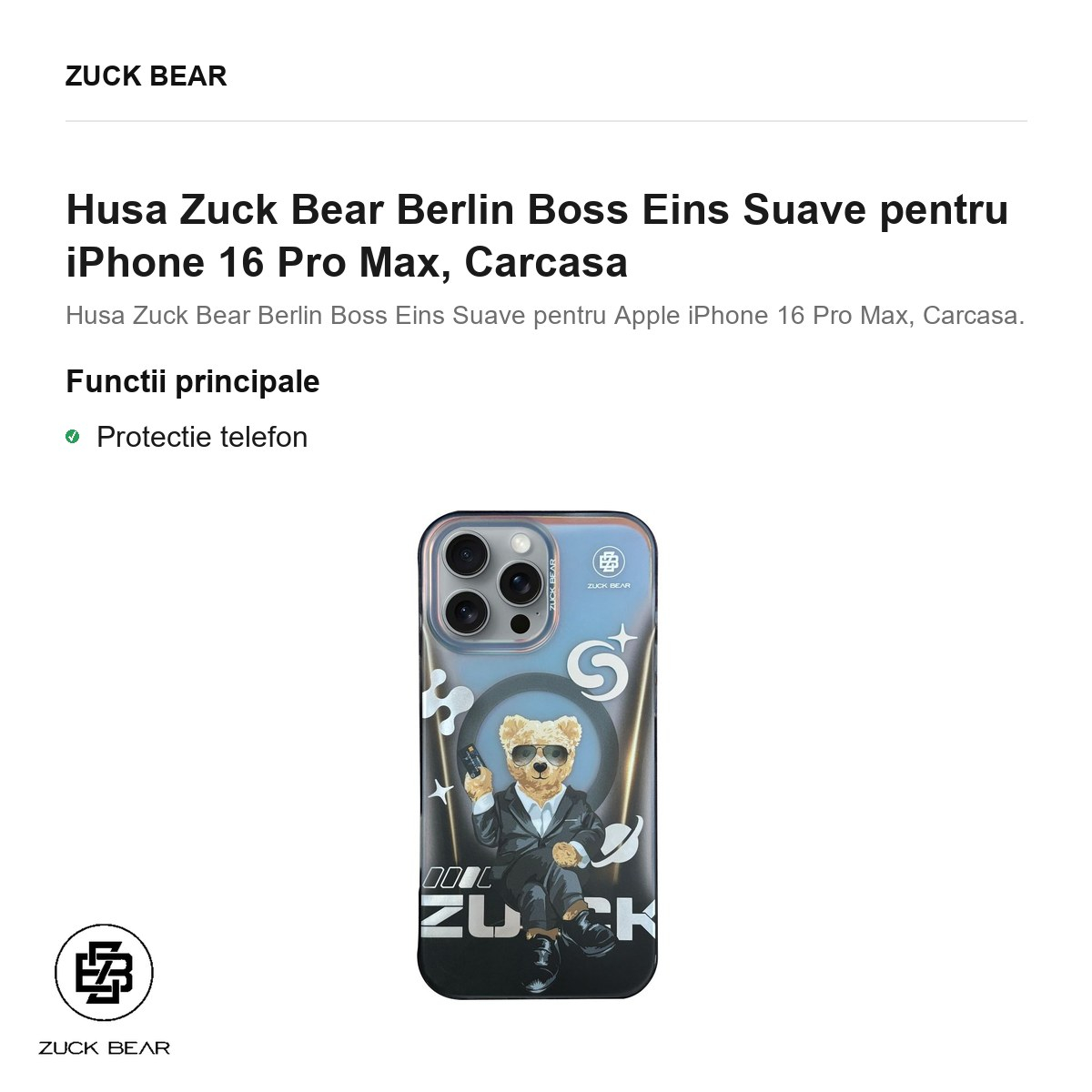 Husa Zuck Bear Berlin Boss Eins Suave pentru iPhone 16 Pro Max, Carcasa [2]