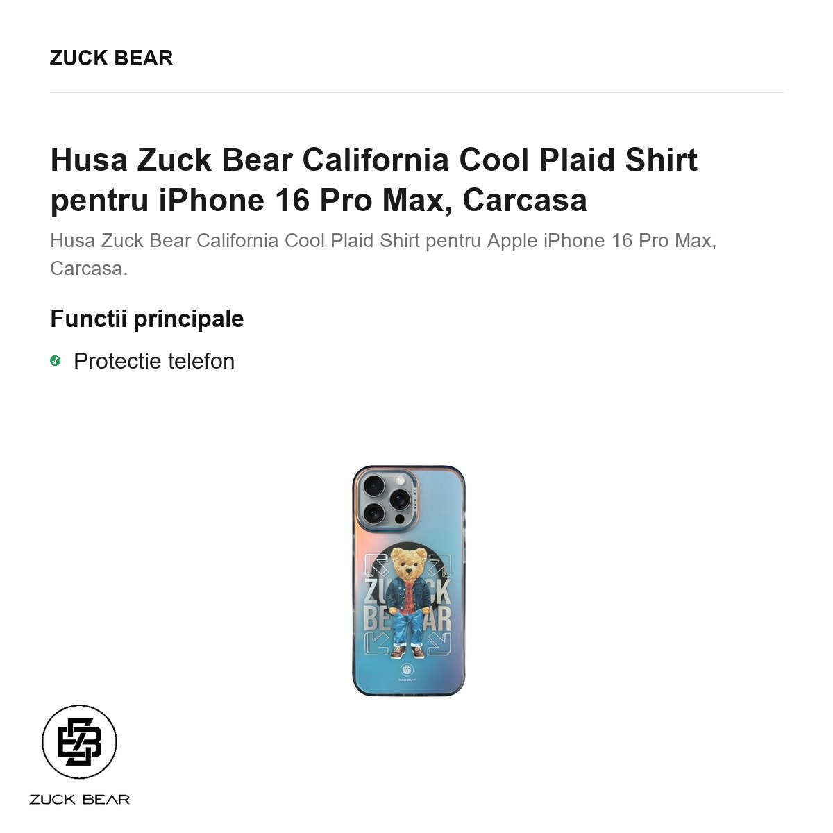 Husa Zuck Bear California Cool Plaid Shirt pentru iPhone 16 Pro Max, Carcasa [2]
