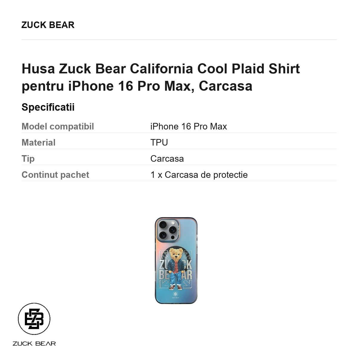 Husa Zuck Bear California Cool Plaid Shirt pentru iPhone 16 Pro Max, Carcasa [3]