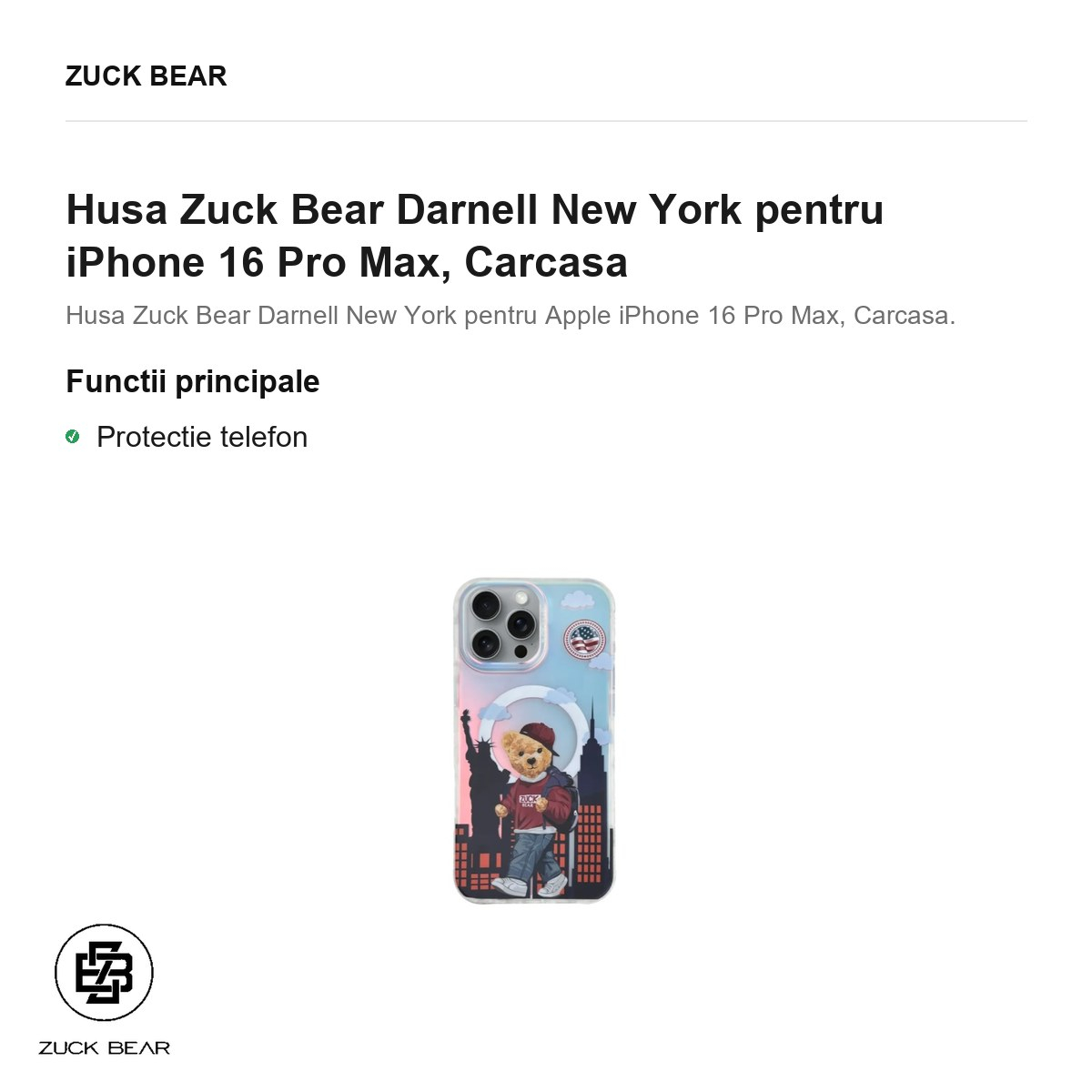 Husa Zuck Bear Darnell New York pentru iPhone 16 Pro Max, Carcasa [2]