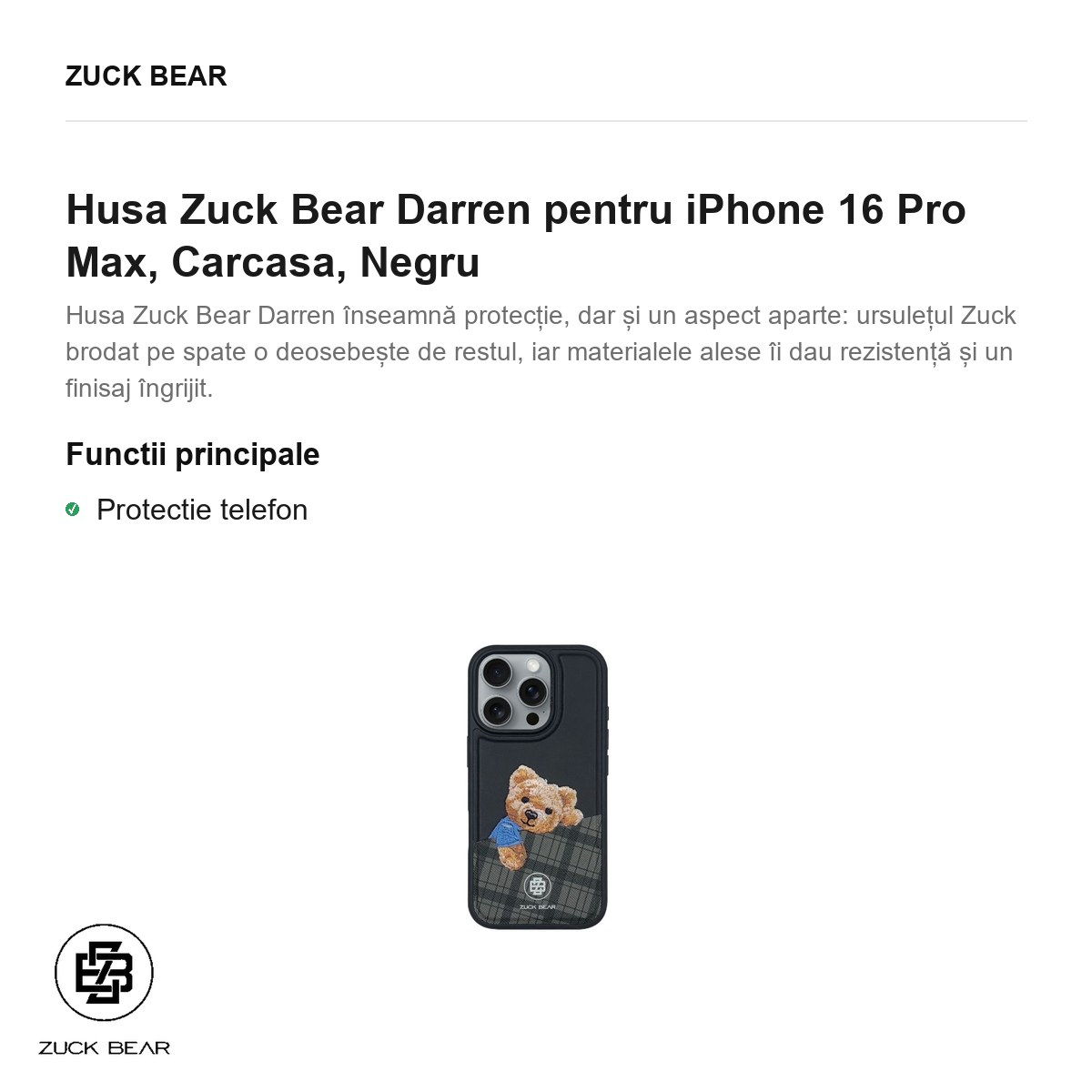 Husa Zuck Bear Darren pentru iPhone 16 Pro Max, Carcasa, Negru [2]