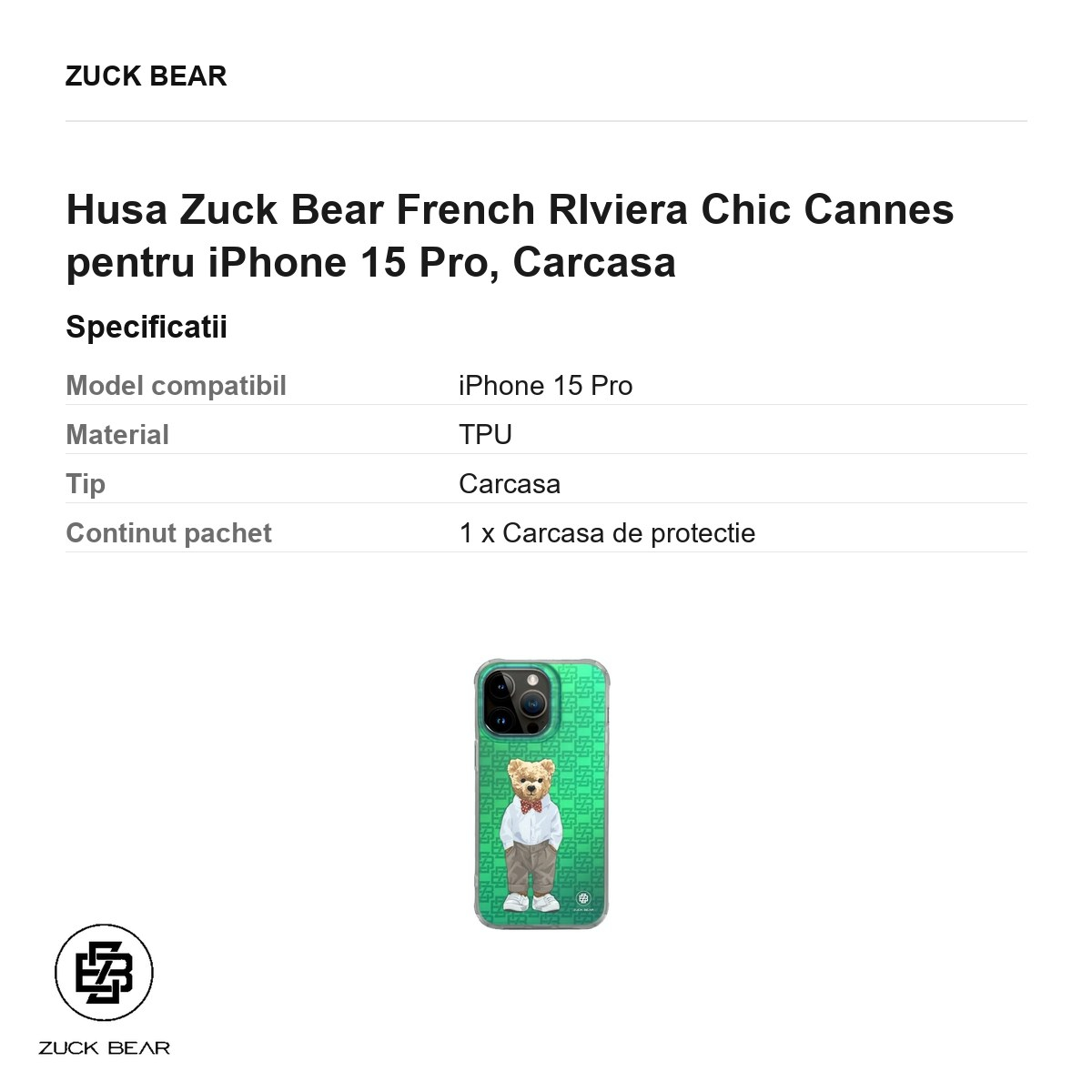 Husa Zuck Bear French RIviera Chic Cannes pentru iPhone 15 Pro, Carcasa [3]