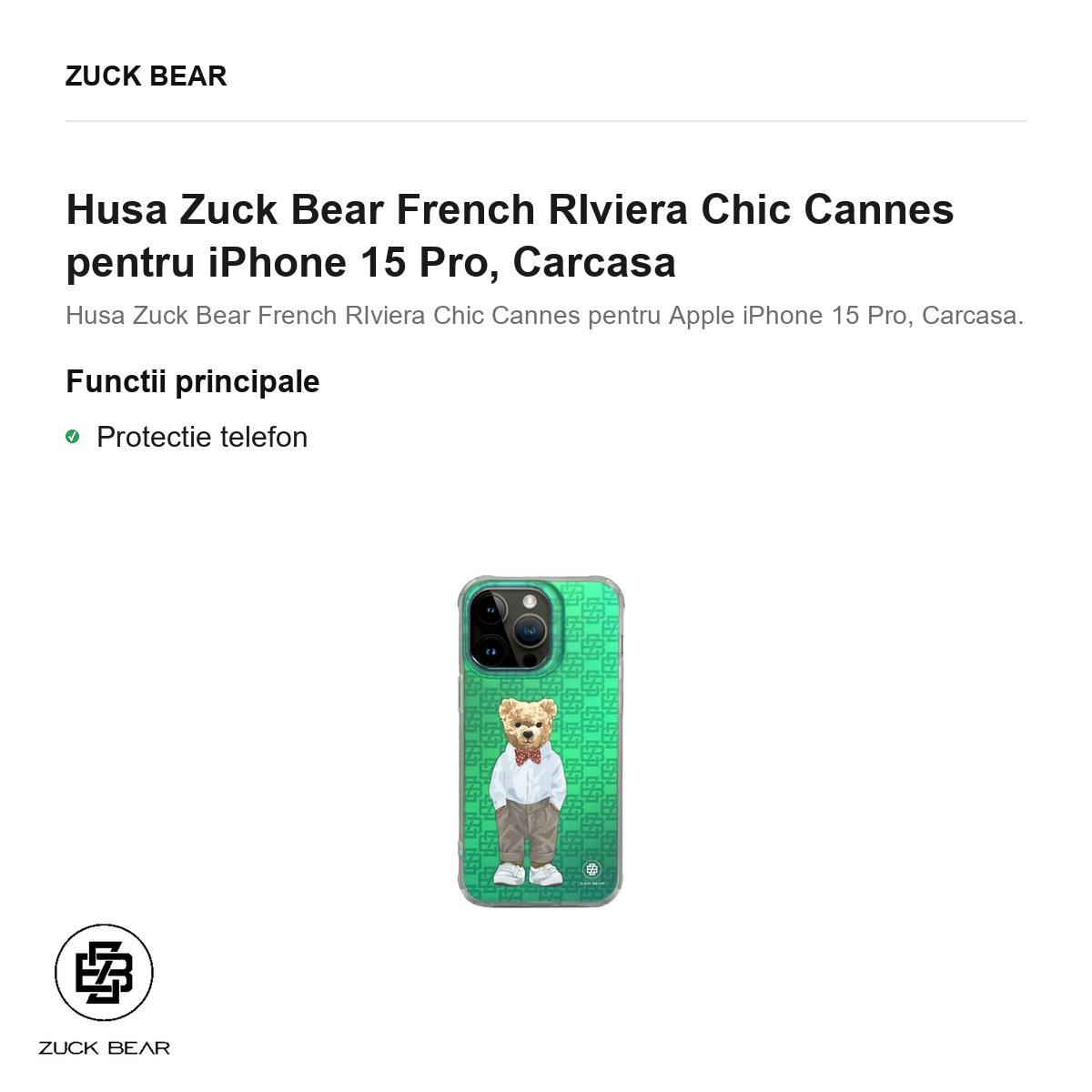 Husa Zuck Bear French RIviera Chic Cannes pentru iPhone 15 Pro, Carcasa [2]