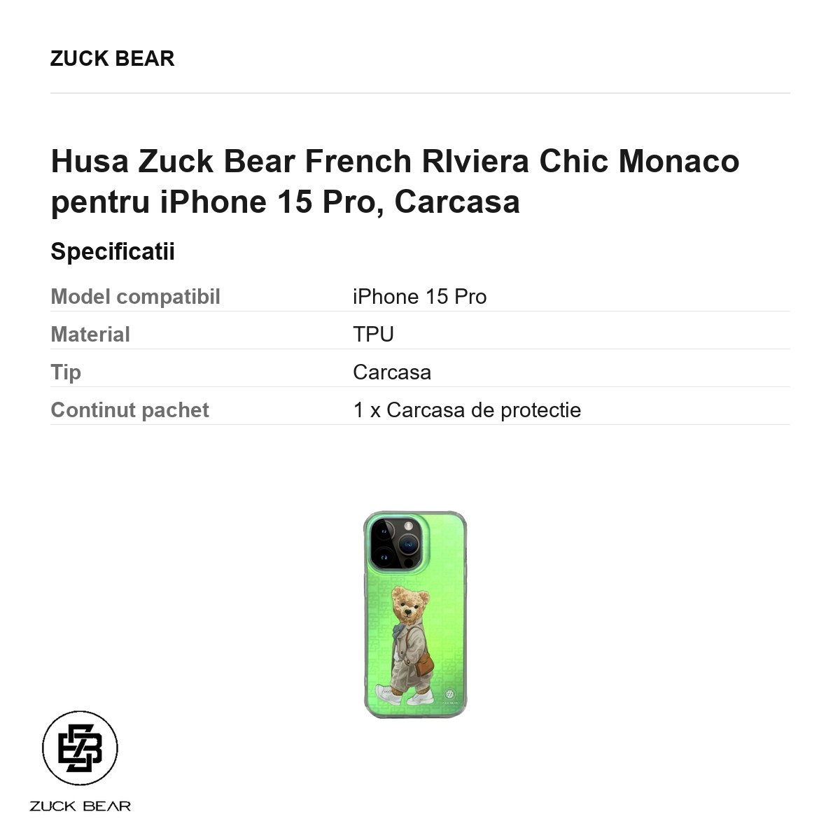 Husa Zuck Bear French RIviera Chic Monaco pentru iPhone 15 Pro, Carcasa [3]
