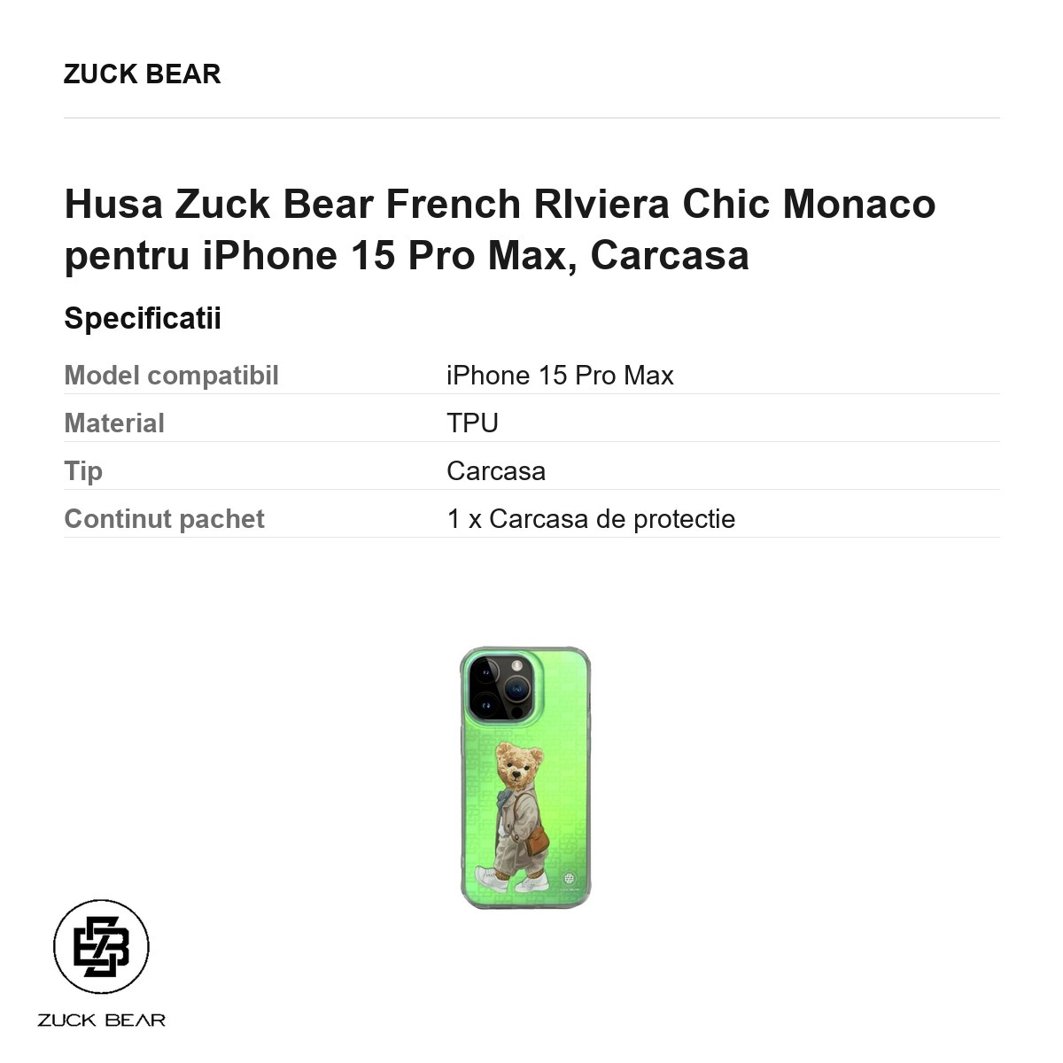 Husa Zuck Bear French RIviera Chic Monaco pentru iPhone 15 Pro Max, Carcasa [3]