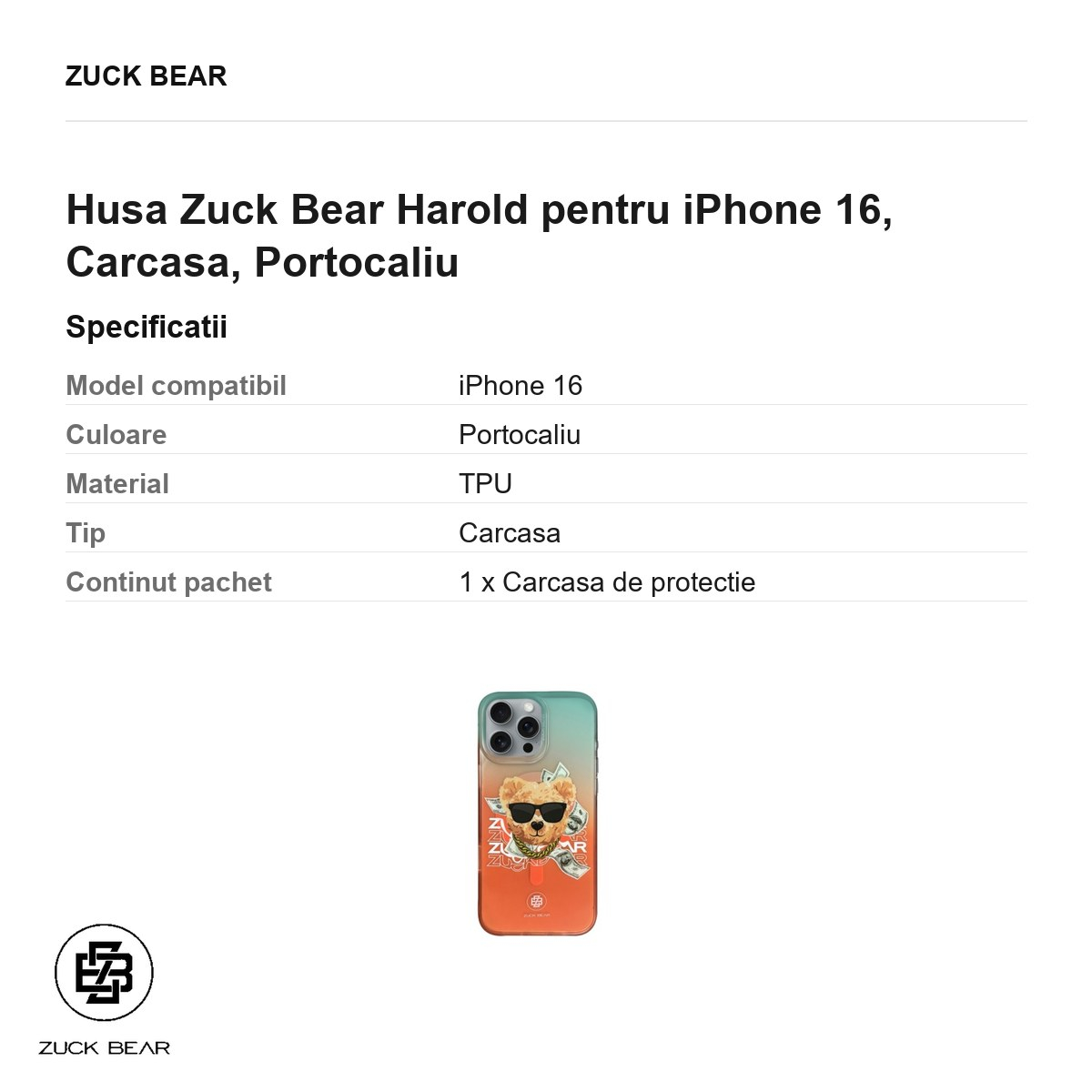 Husa Zuck Bear Harold pentru iPhone 16, Carcasa, Portocaliu [3]