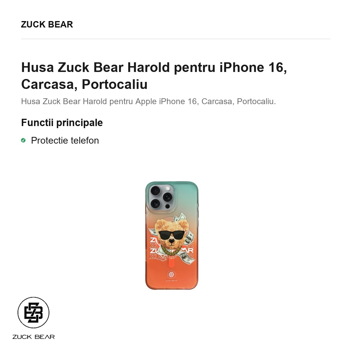 Husa Zuck Bear Harold pentru iPhone 16, Carcasa, Portocaliu [2]