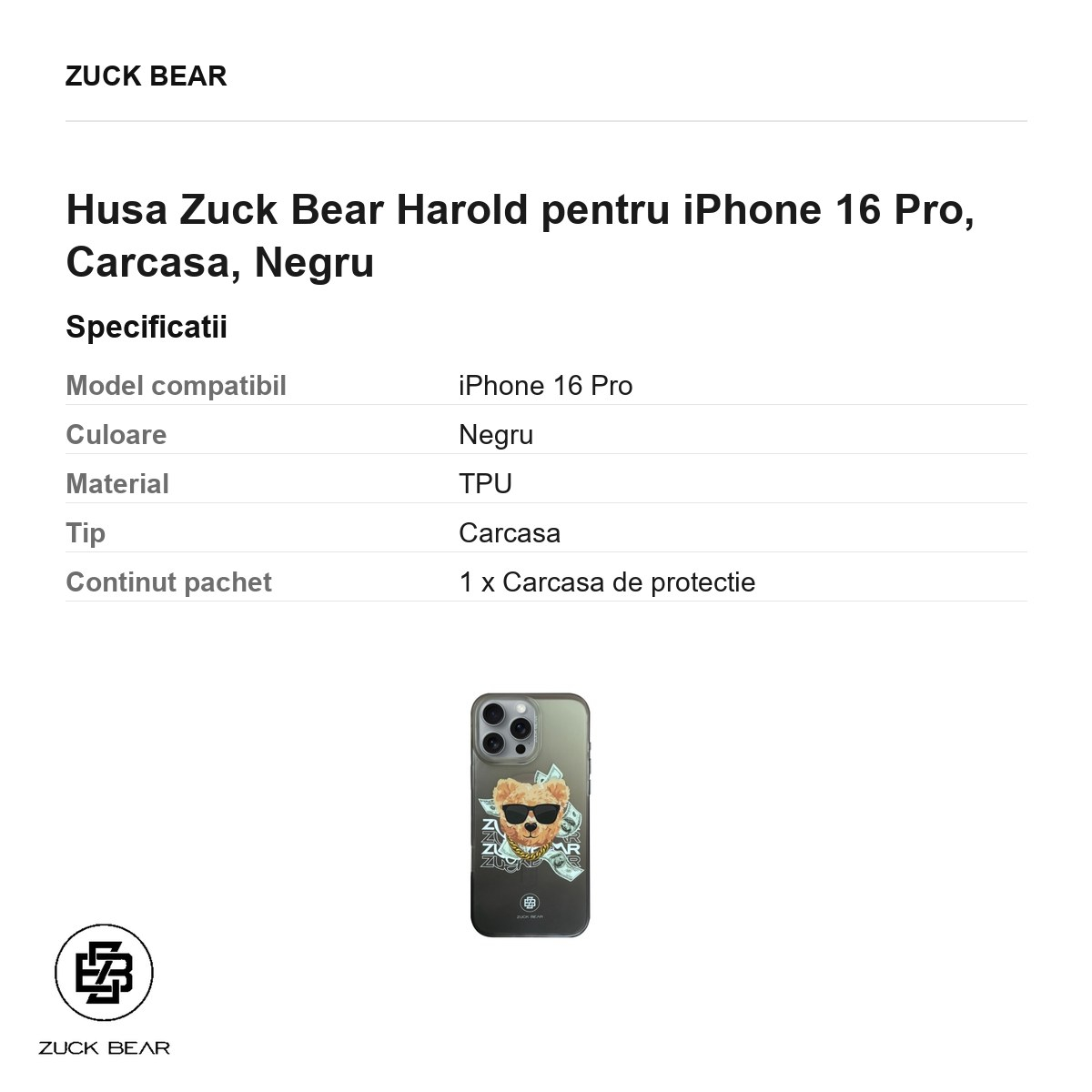 Husa Zuck Bear Harold pentru iPhone 16 Pro, Carcasa, Negru [3]