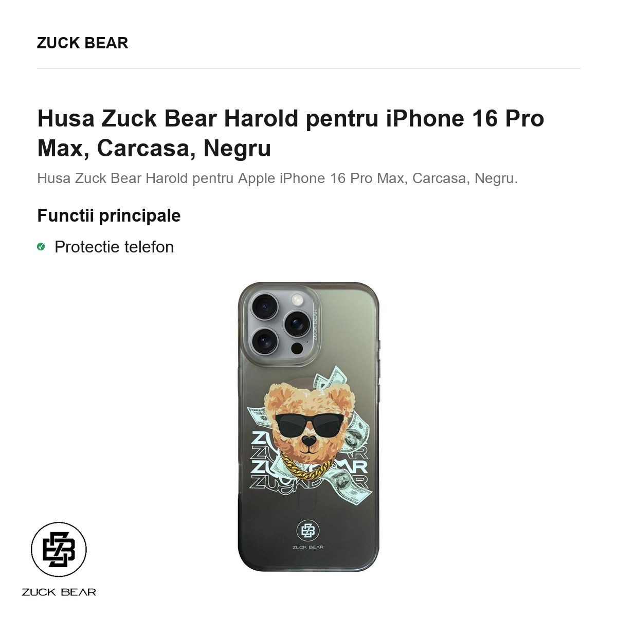 Husa Zuck Bear Harold pentru iPhone 16 Pro Max, Carcasa, Negru [2]