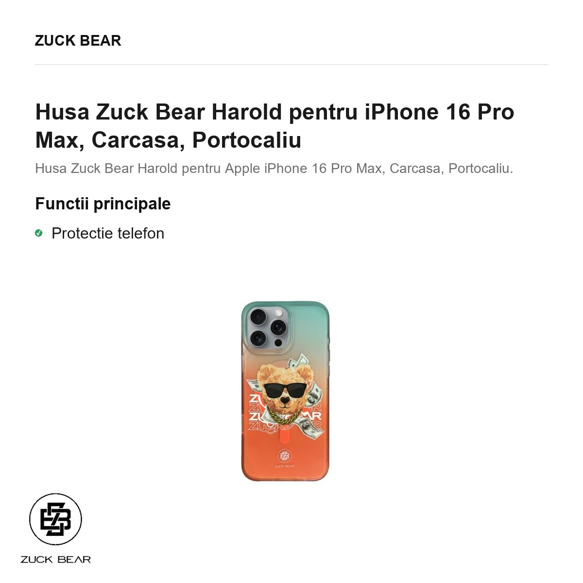 Husa Zuck Bear Harold pentru iPhone 16 Pro Max, Carcasa, Portocaliu [2]