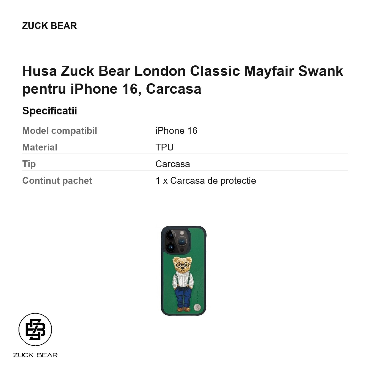 Husa Zuck Bear London Classic Mayfair Swank pentru iPhone 16, Carcasa [3]