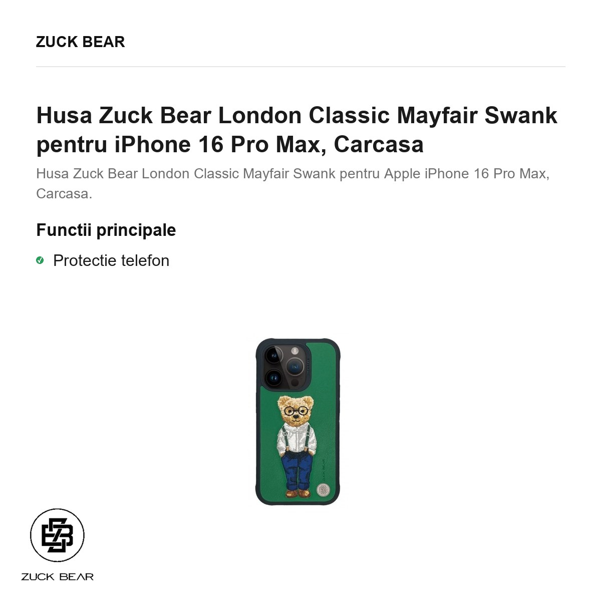 Husa Zuck Bear London Classic Mayfair Swank pentru iPhone 16 Pro Max, Carcasa [2]
