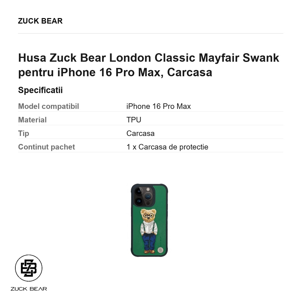 Husa Zuck Bear London Classic Mayfair Swank pentru iPhone 16 Pro Max, Carcasa [3]