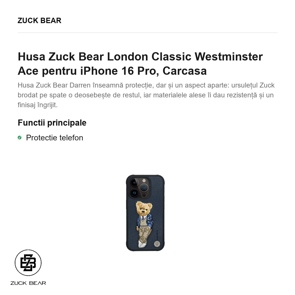 Husa Zuck Bear London Classic Westminster Ace pentru iPhone 16 Pro, Carcasa [2]