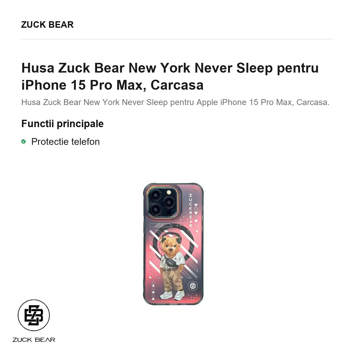 Husa Zuck Bear New York Never Sleep pentru iPhone 15 Pro Max, Carcasa [2]