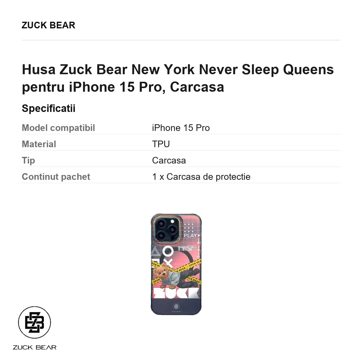 Husa Zuck Bear New York Never Sleep Queens pentru iPhone 15 Pro, Carcasa [3]