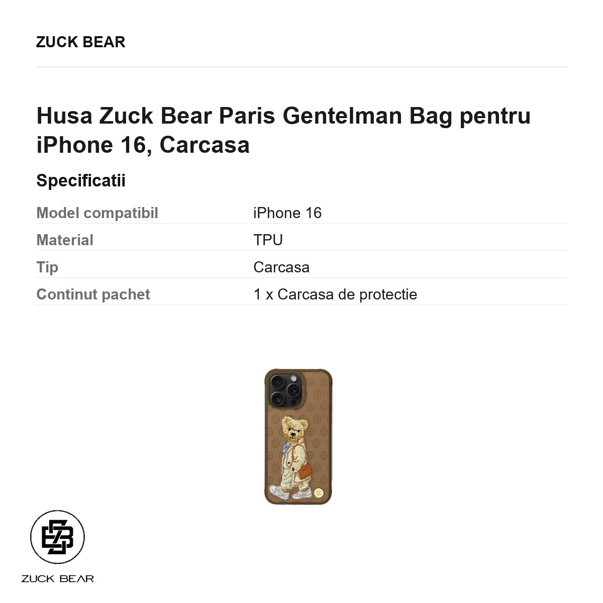 Husa Zuck Bear Paris Gentelman Bag pentru iPhone 16, Carcasa [3]
