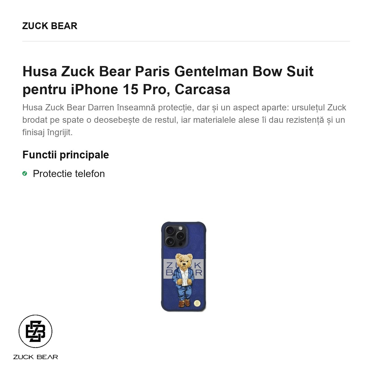 Husa Zuck Bear Paris Gentelman Bow Suit pentru iPhone 15 Pro, Carcasa [2]